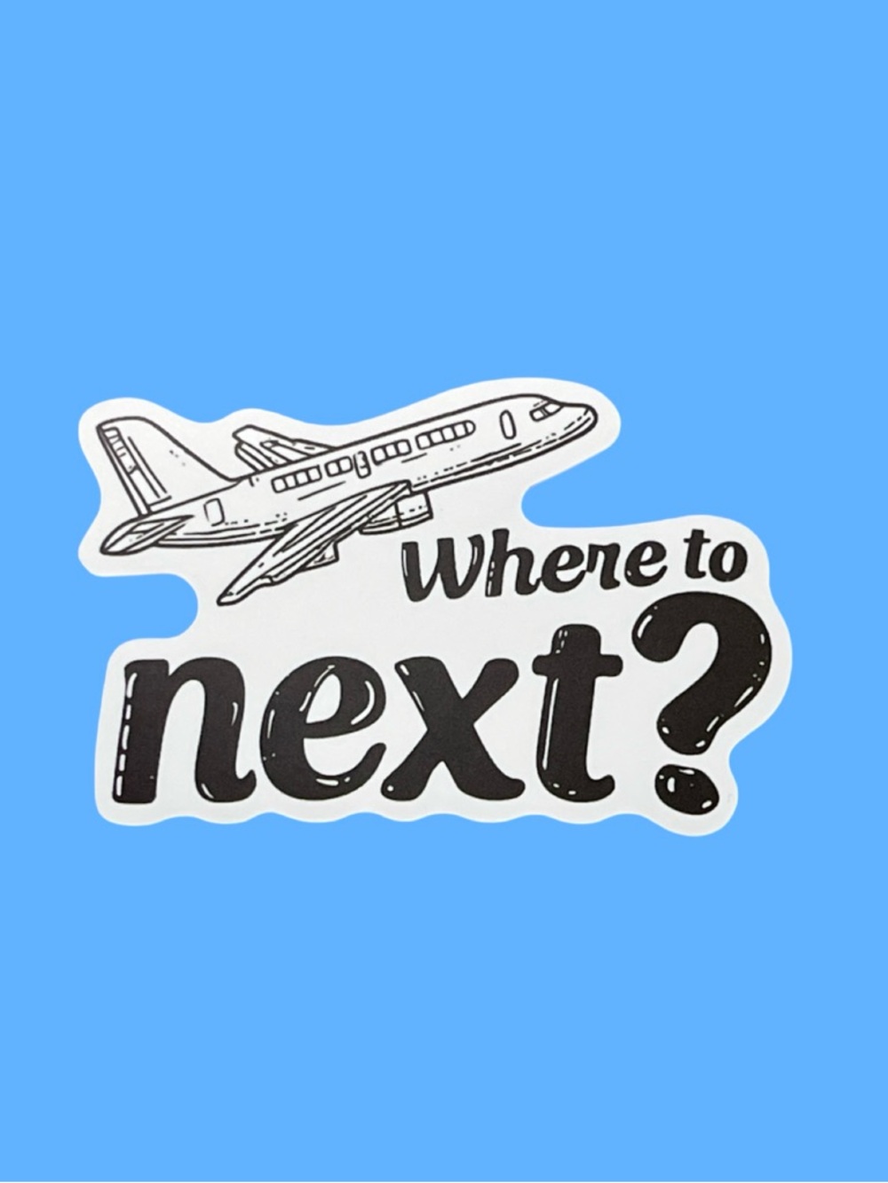 Black & white “Where to Next?" Airplane Sticker